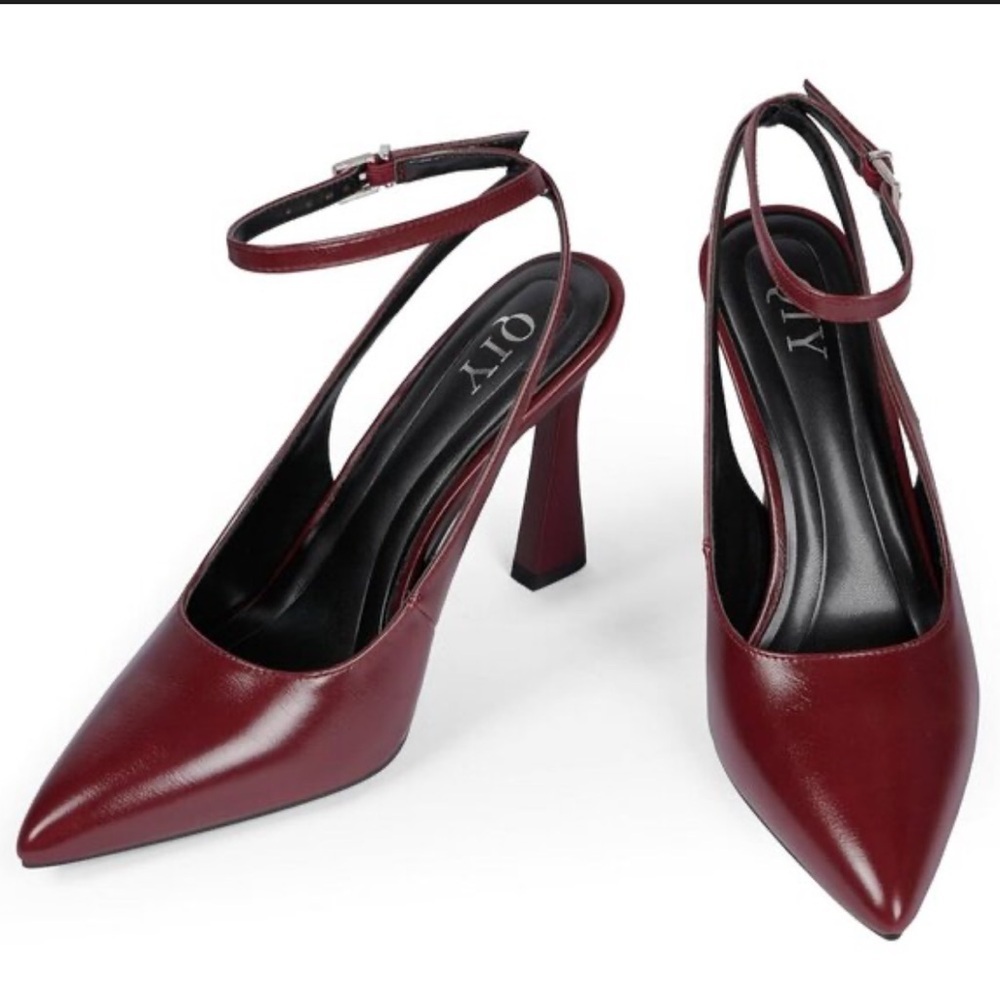 QIY Closed Toe Ankle Strap Sling Back Heel Burgundy/Wine Color Size 8.5 NWB - Picture 8 of 16